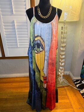 Multicolor Abstract Face Maxi Dress - Women's Sleeveless Sundress
